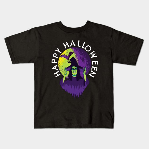 Happy Halloween Witch in the Full Moon Kids T-Shirt by PowderShot